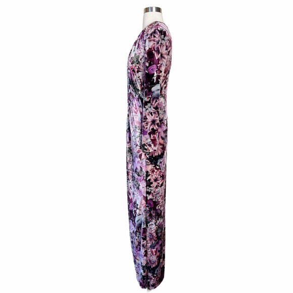 AIDAN MATTOX Velvet Dress Floral Maxi Stretch Multicolor Pink Long Sleeve 6 NWT - Picture 6 of 11